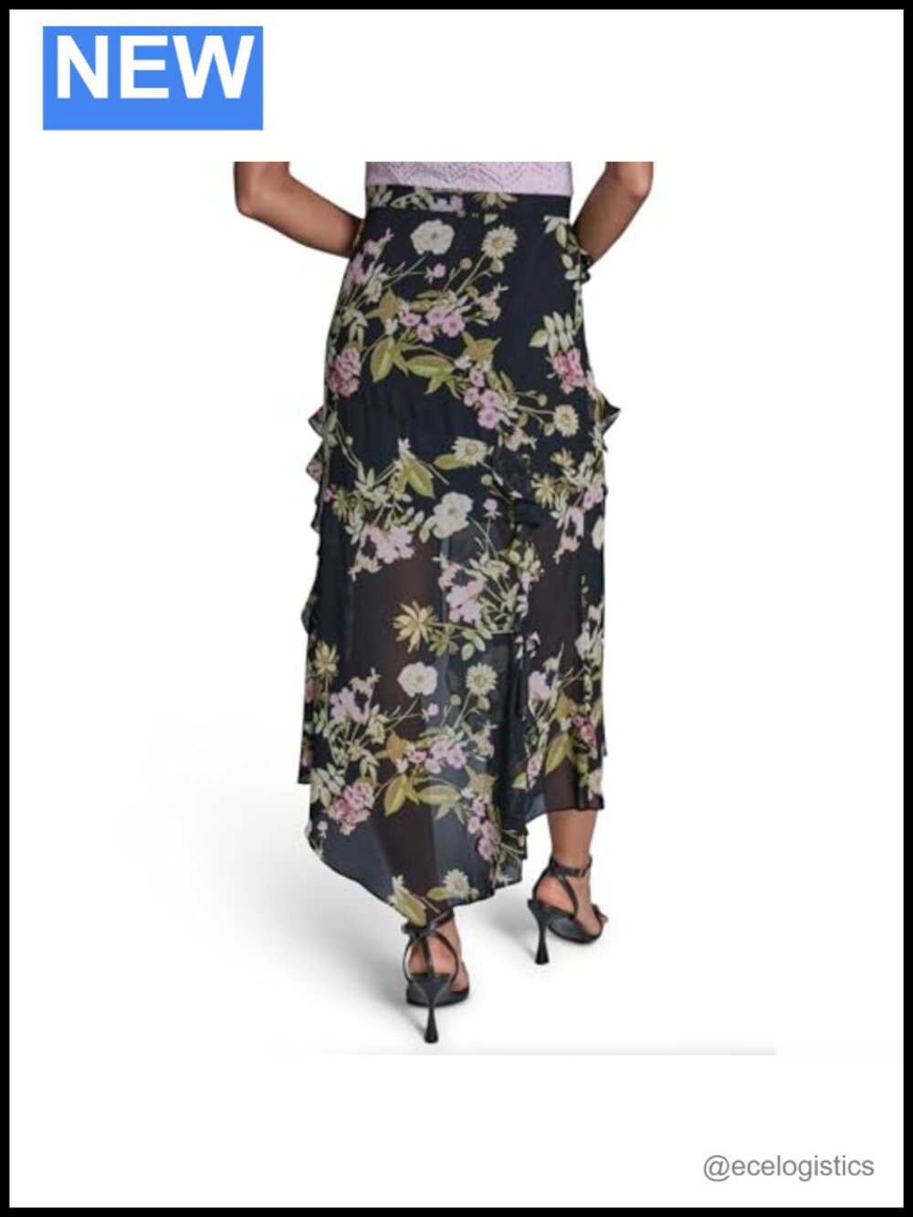 Midi Ruffle Skirt High Rise Zip Closure Polyester - Picture 3 of 4